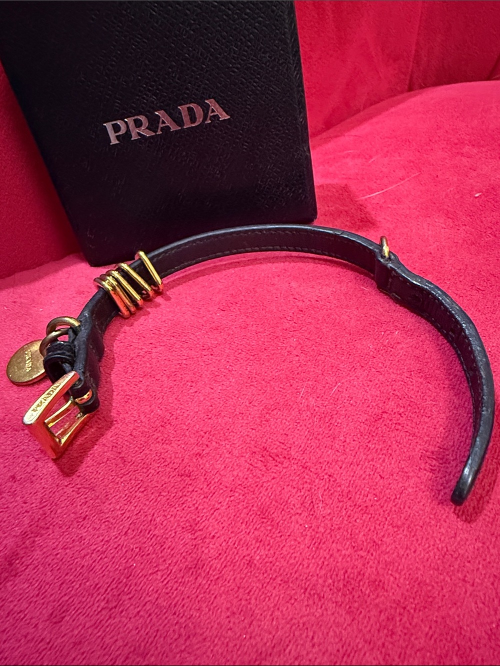 Prada Black Saffiano Leather Bracelet with Gold Disc Charm - Picture 8 of 10